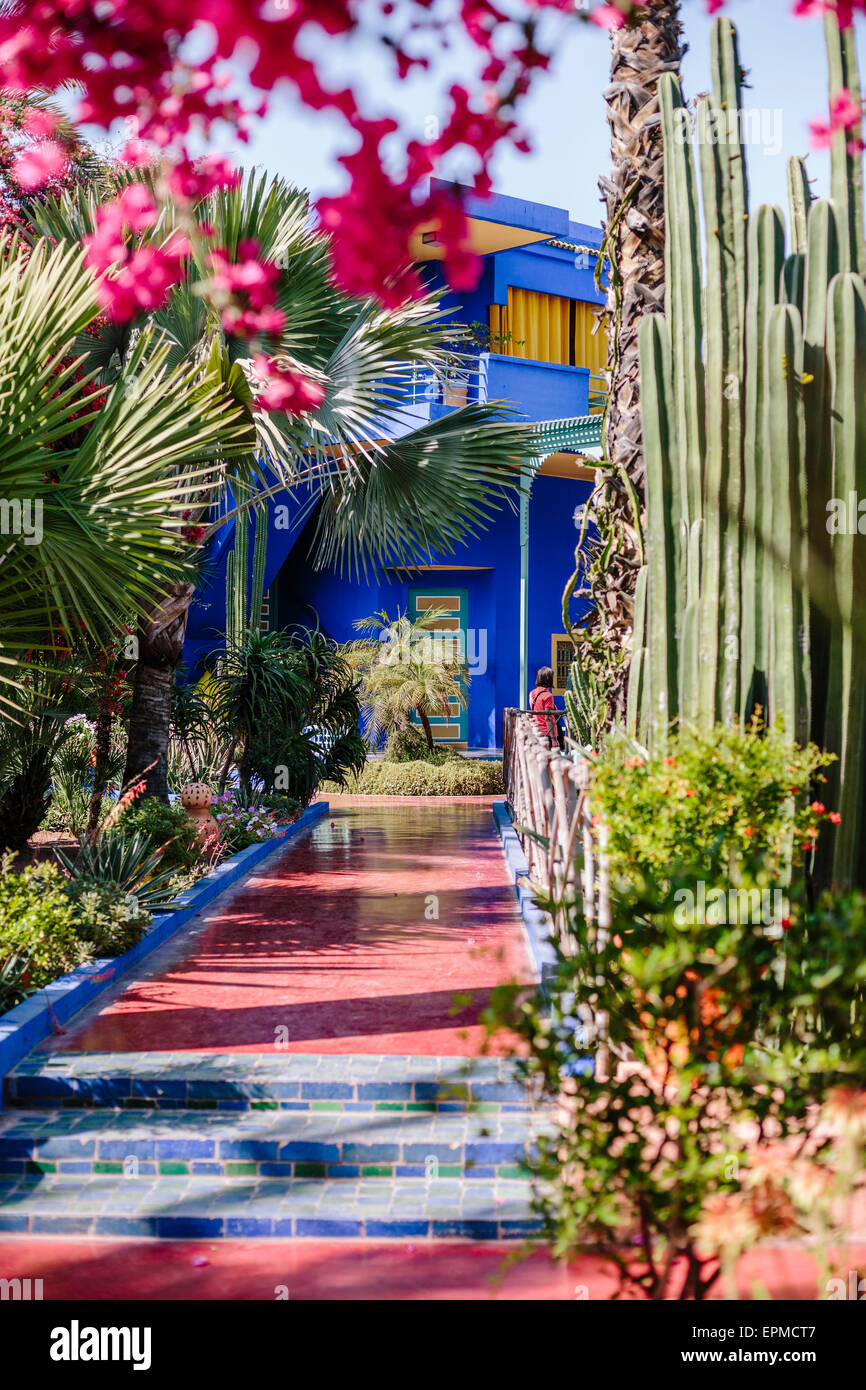 Jacques Majorelle's Blue Art Déco maison & jardin au Jardin Majorelle, Marrakech, Maroc. Banque D'Images