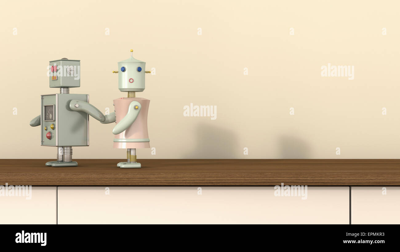 Robot robot femelle mâle tenant la main, 3D Rendering Banque D'Images
