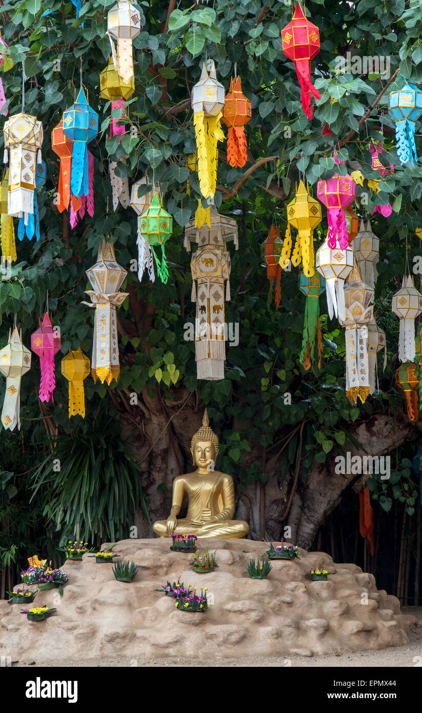 Lanternes chinoises accrocher sur l'arbre sous lequel Bouddha assis Banque D'Images