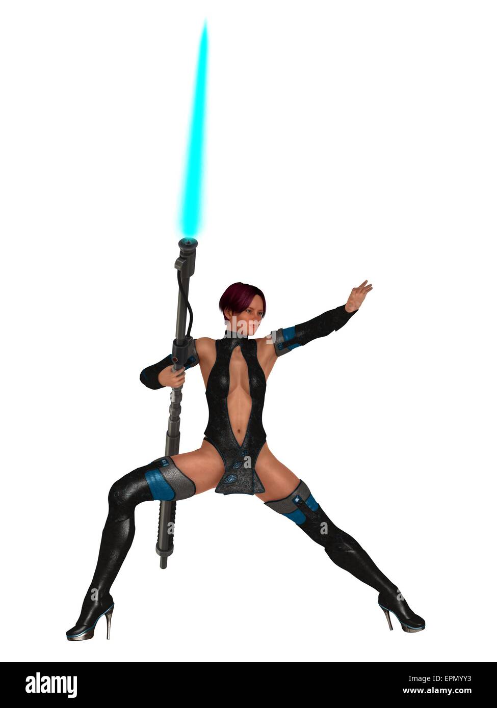 Science fiction Fantasy woman wearing costume latex bien juste en action poser holding lance plasma Banque D'Images