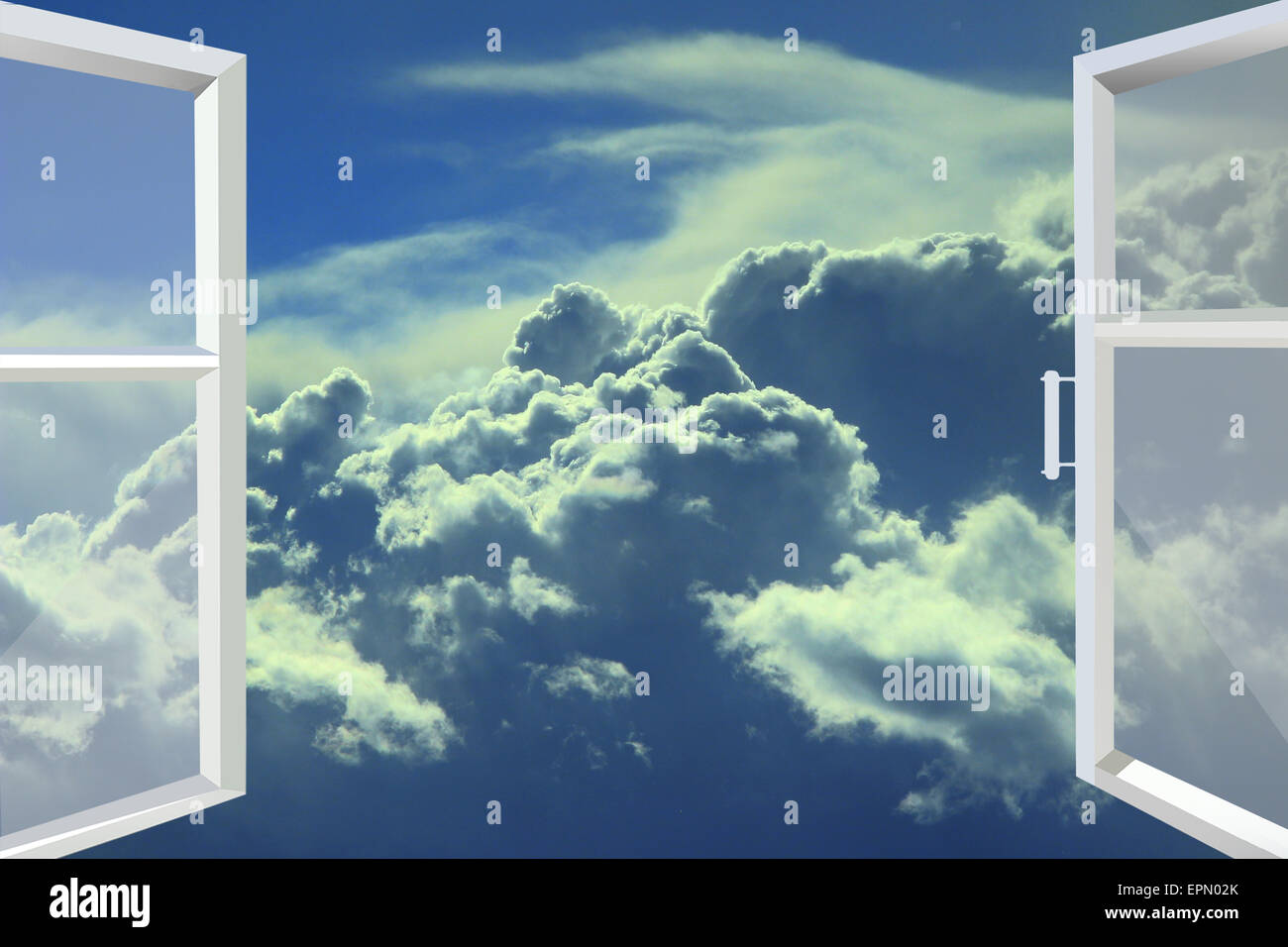 Fenêtre donnait sur les nuages blancs pittoresques on blue sky Banque D'Images