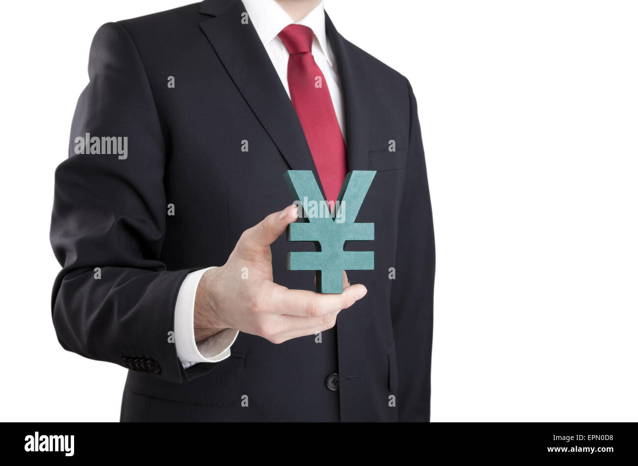 Businessman holding yen sign with clipping path Banque D'Images