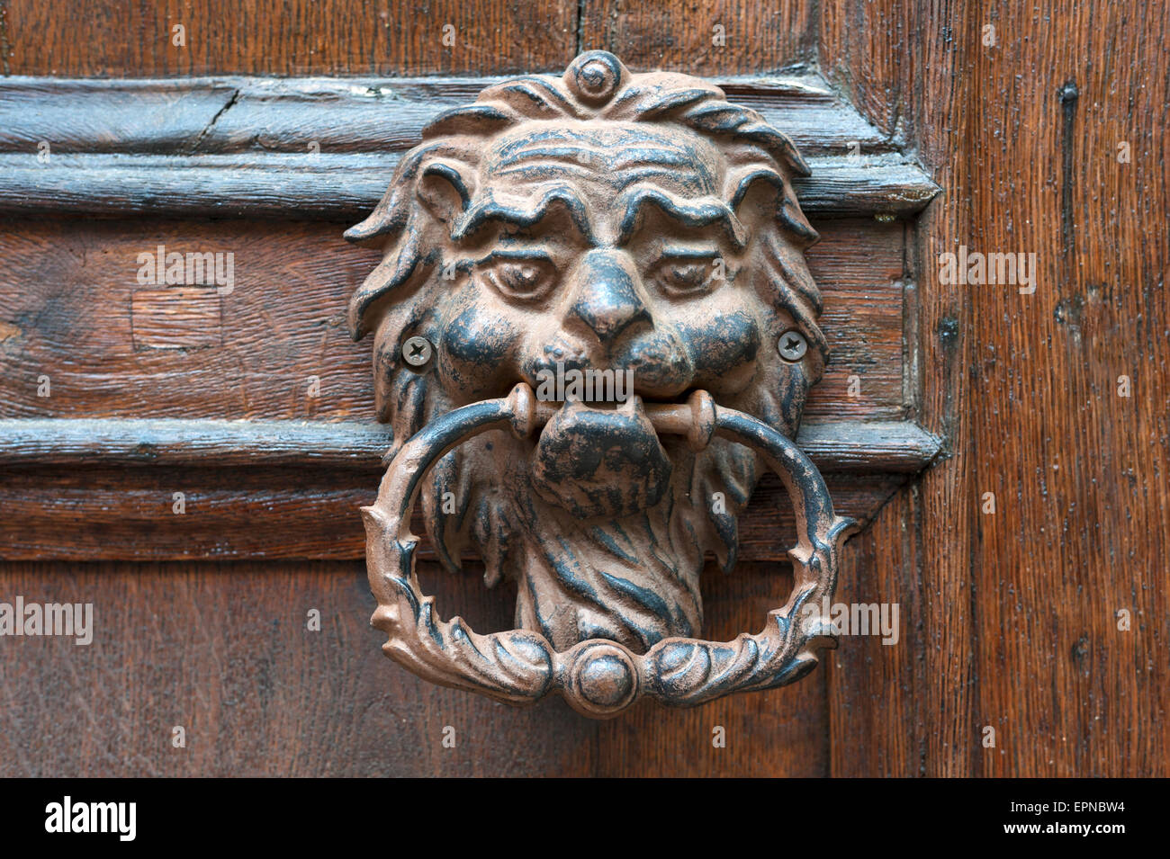 Doorknocker de Lionhead comme une porte d'entrée, Königsberg, Bayern, Allemagne Banque D'Images