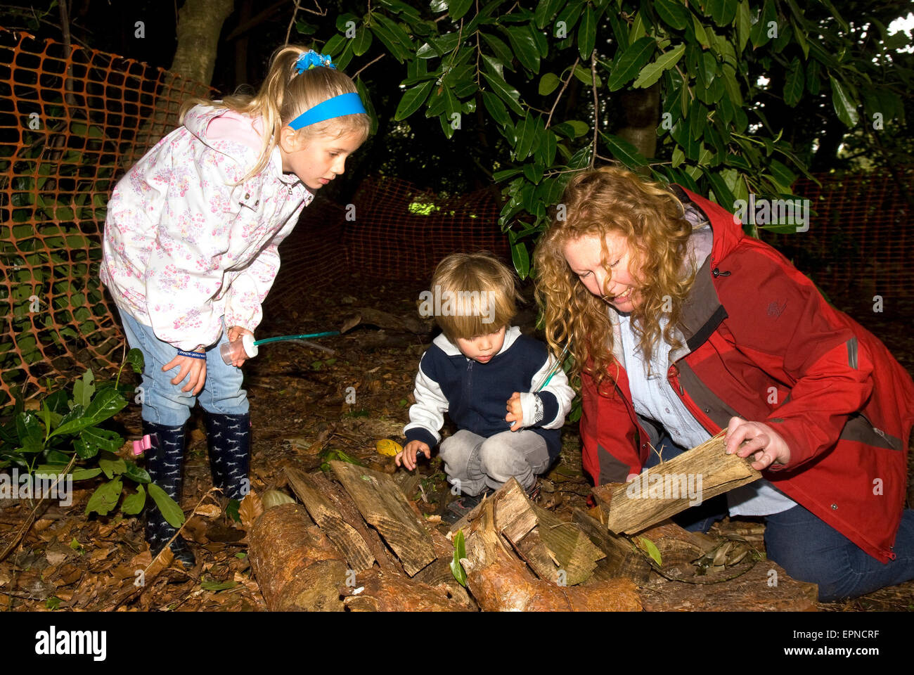 Télévision célébrité Charlie Dimmock jardinier (plat) de la Force terrestre à la recherche de 'bugs' croître au cours d'une journée de sensibilisation à la nature pour elle pour les Banque D'Images