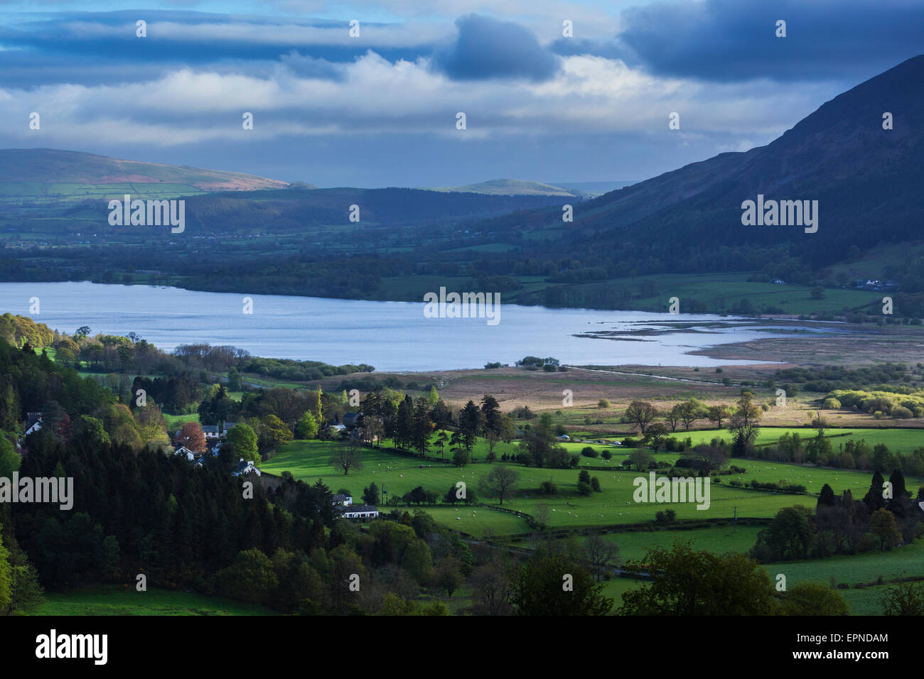 Soleil levant illumine l'extrémité sud de Bassenthwaite Banque D'Images