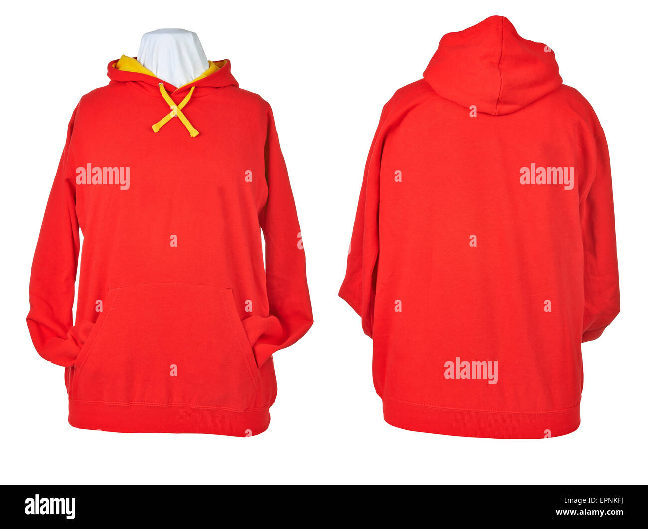 Deux côtés de froissé rouge blanc, chemises à manches longues, polo de golf, V-cou et hoodie. Chemin de détourage inclus. Banque D'Images