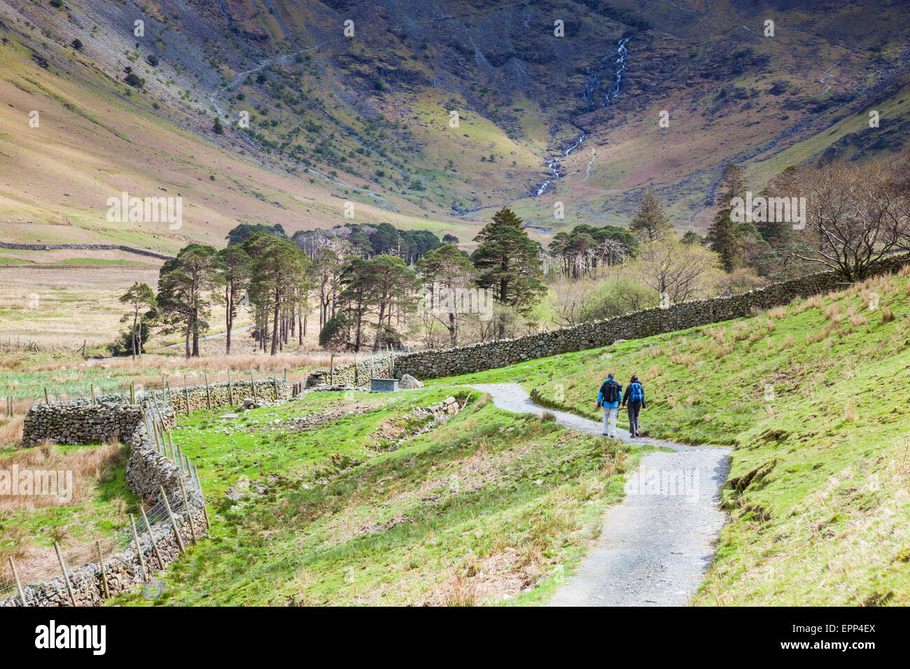 Deux marcheurs sur le chemin vers Warnscale bas à l'extrémité sud-est de Buttermere, Lake District, Cumbria Banque D'Images