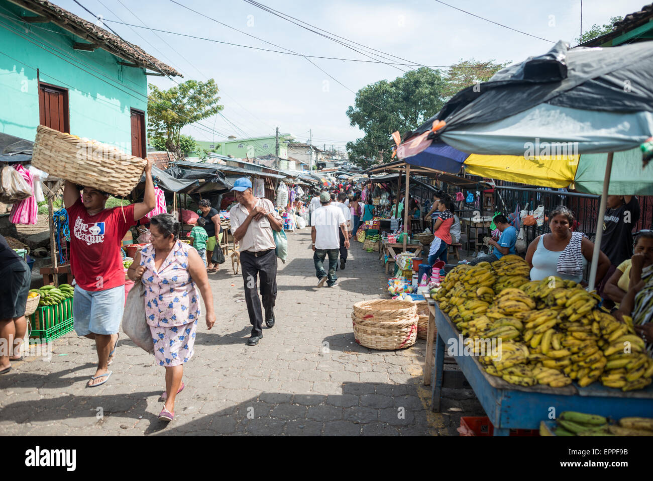 GRENADE, Nicaragua — les vendeurs de fruits et légumes s'occupent de leurs étals au Mercado Municipal, le marché central de Grenade. Ces fournisseurs maintiennent les pratiques traditionnelles du marché, exposant quotidiennement des produits frais pour les clients locaux. Le marché sert de source principale de fruits et légumes frais pour les résidents de Grenade. Banque D'Images