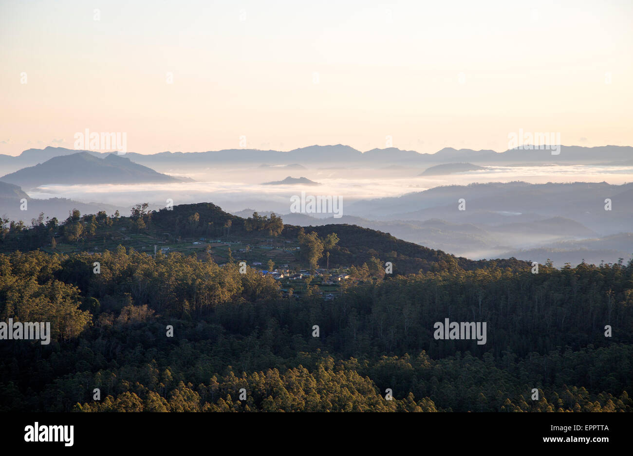 Nuages au petit matin près de Nuwara Eliya vue depuis le parc national de Horton Plains, le Sri Lanka, l'Asie Banque D'Images