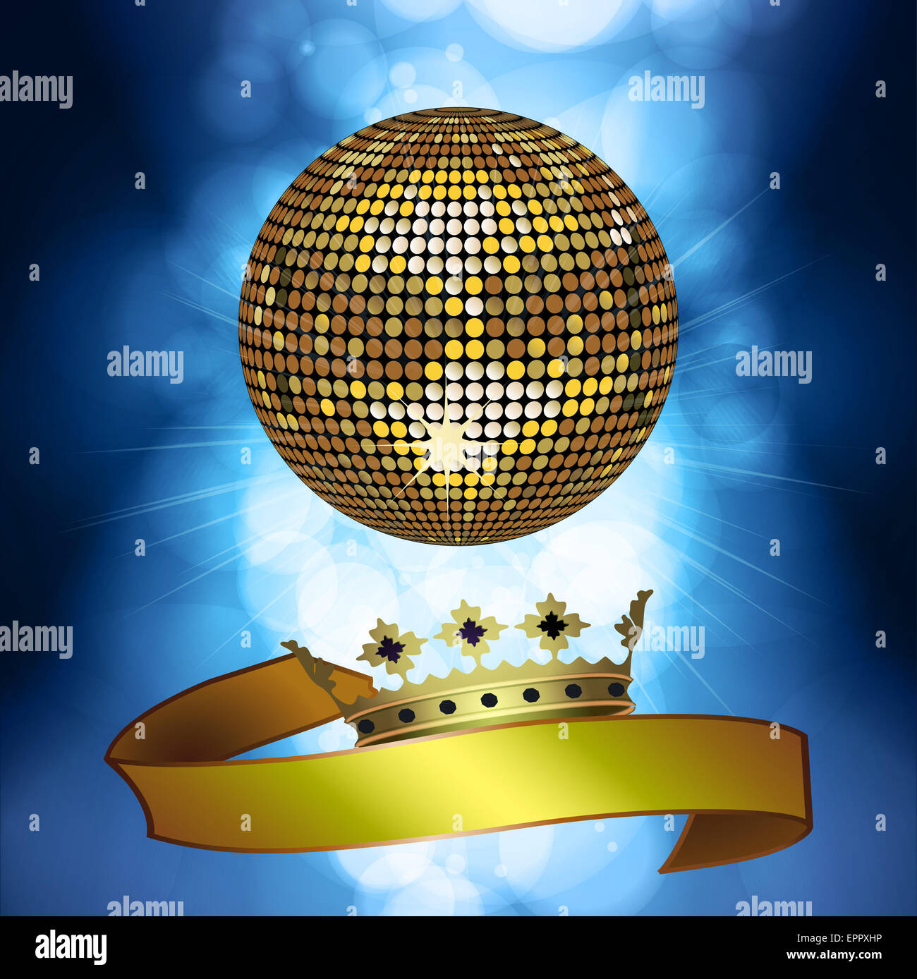 Boule disco or avec des bannières et couronne sur fond lumineux bleu Banque D'Images