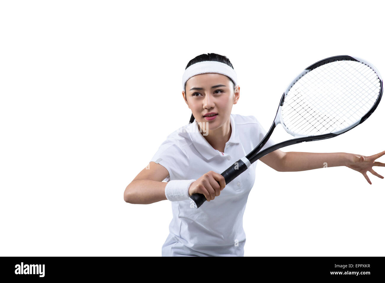 Tennis player prêt à frapper ball, portrait Banque D'Images