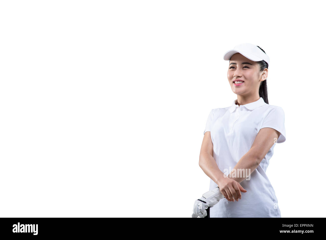 Portrait d'un jeune golfeur féminin, low angle view Banque D'Images