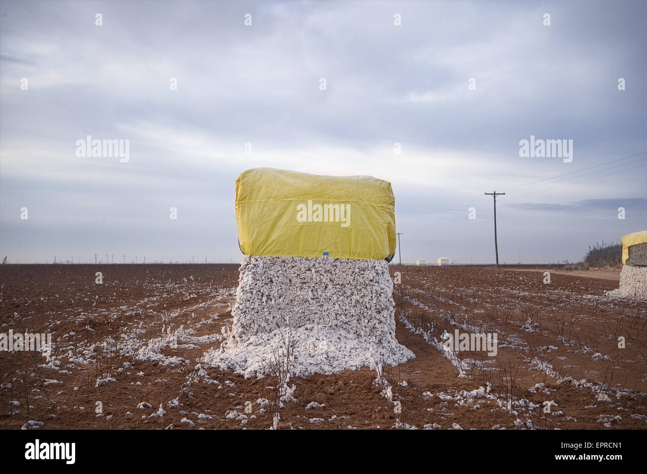 Une balle de coton se trouve en attente d'être prises pour le gin. Banque D'Images