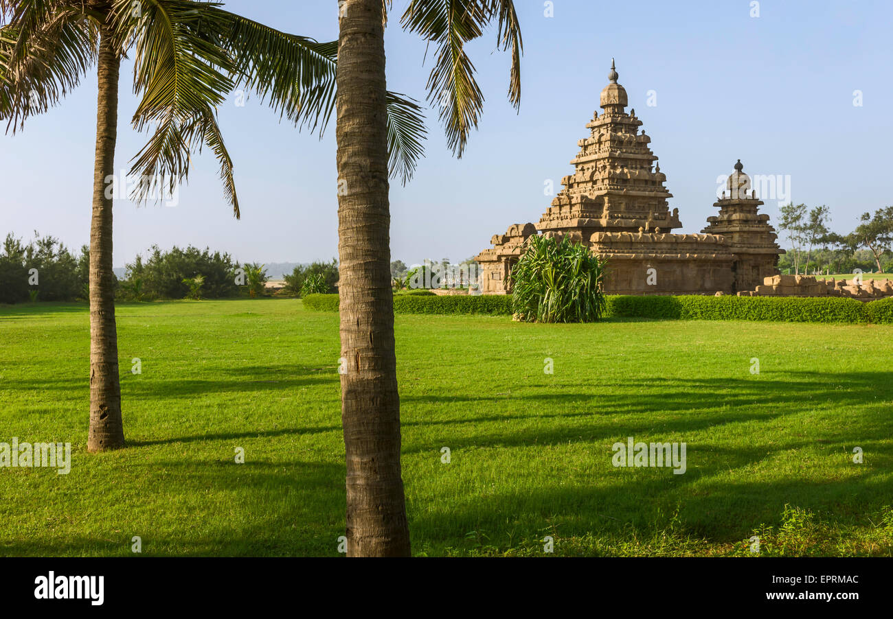 8e siècle Shore Temple sur une journée d'hiver ensoleillée avec vue sur les palmiers et cocotiers. Banque D'Images