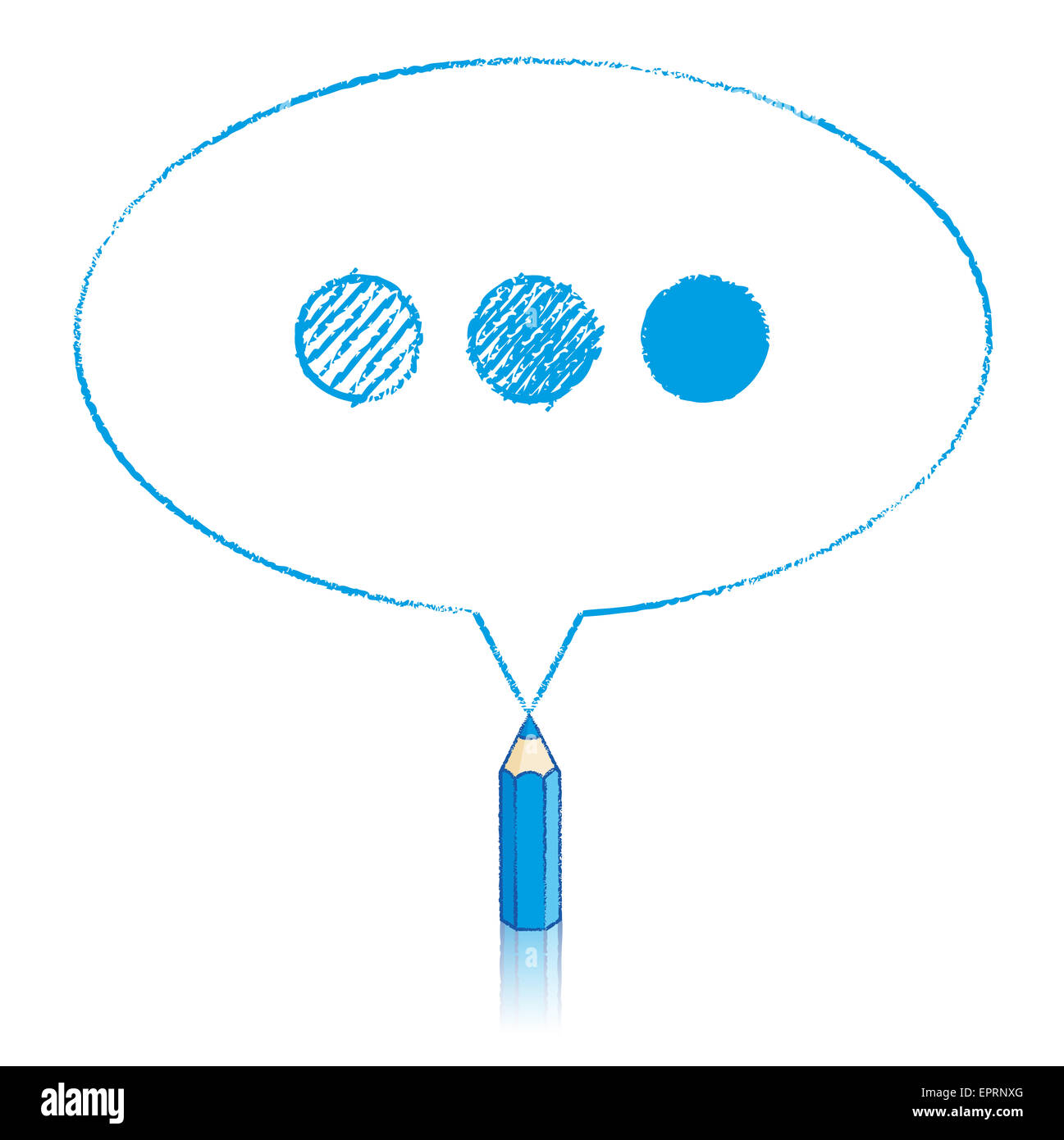 Crayon bleu avec dessin réflexion Bulle ovale contenant des points de suspension à l'ombre sur fond blanc Banque D'Images