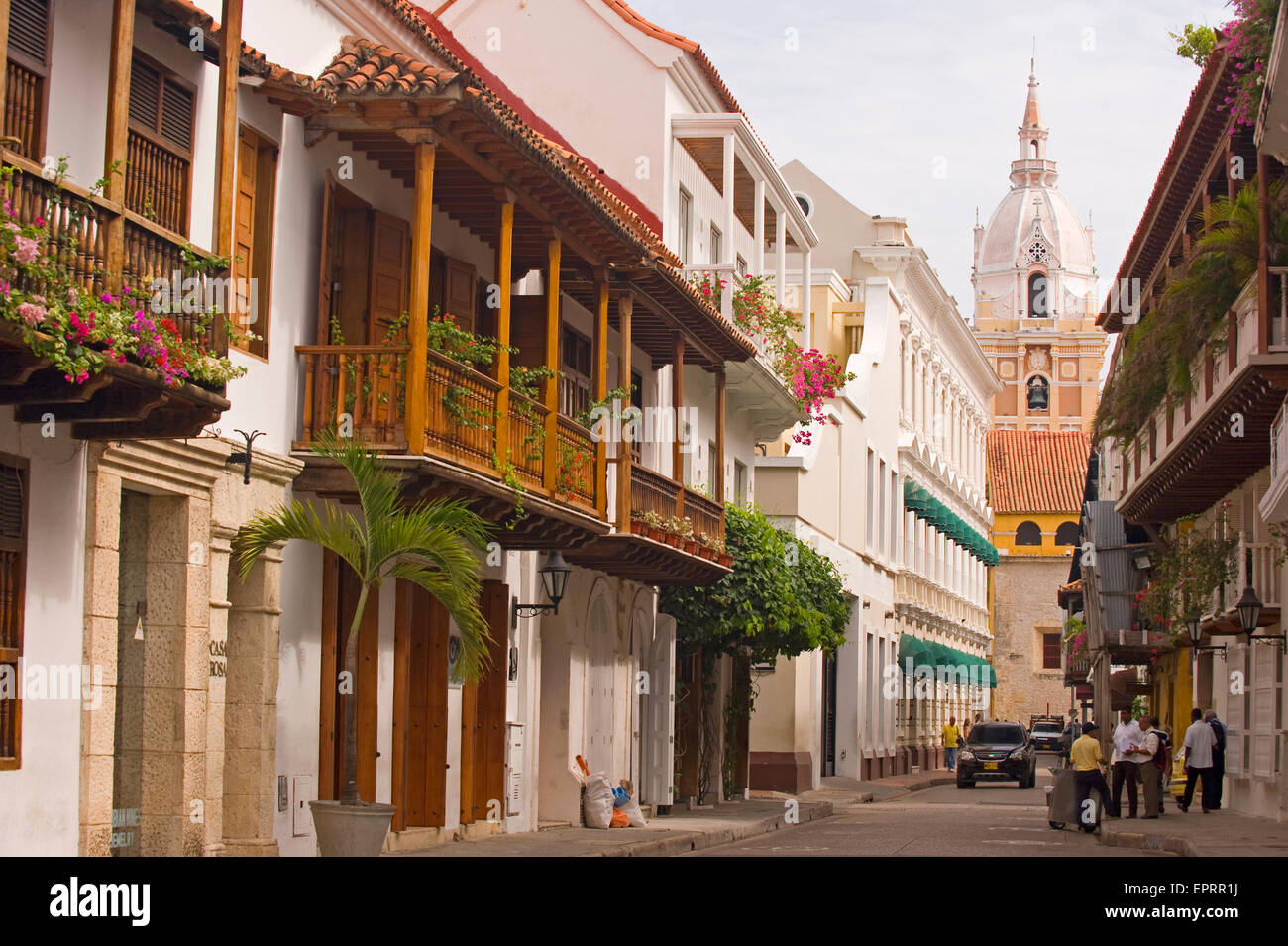 Catedral (cathédrale) de Carthagène, vu le long d'une jolie ruelle à Cartagena, Colombie, Amérique du Sud Banque D'Images