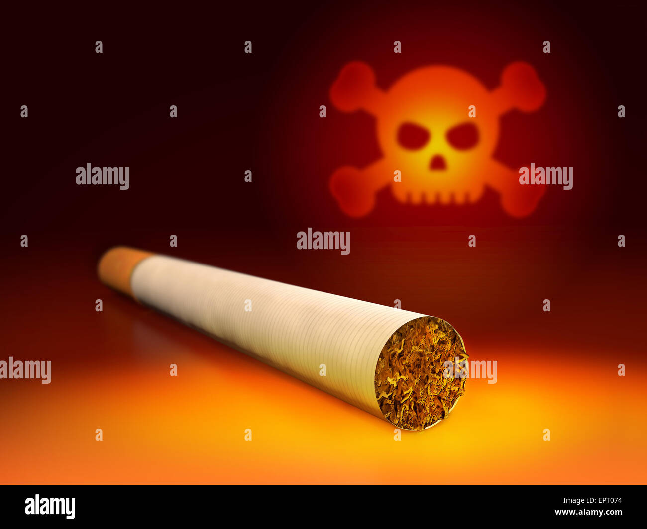 Le crâne et la cigarette. 3d illustration de concept anti-tabac. Banque D'Images