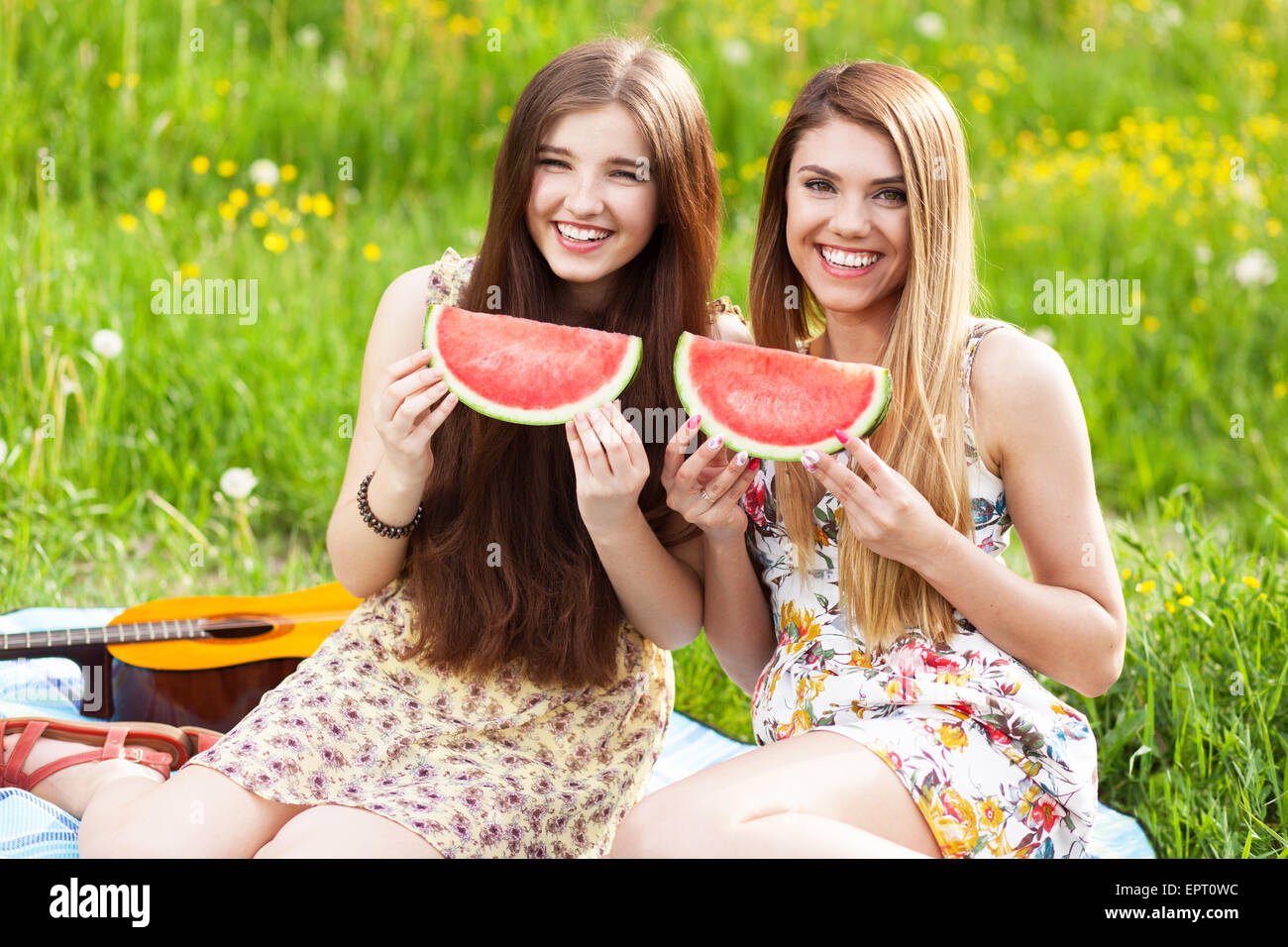 Deux belles jeunes femmes sur un pique-nique Banque D'Images