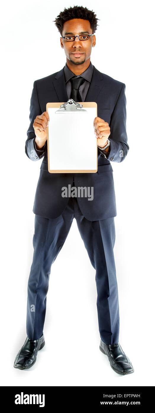 Belle afro-american business man posing in studio isolé sur fond blanc Banque D'Images