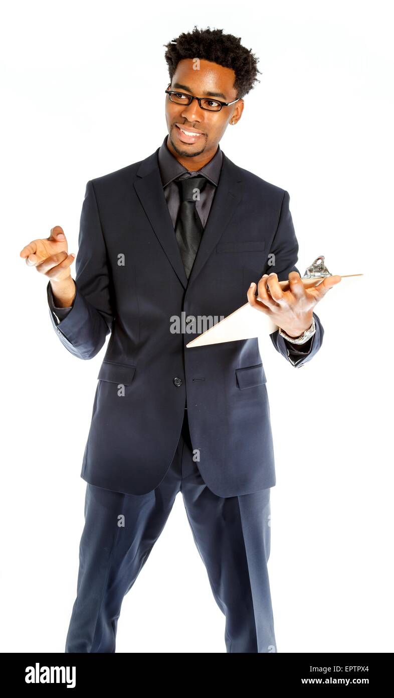 Belle afro-american business man posing in studio isolé sur fond blanc Banque D'Images