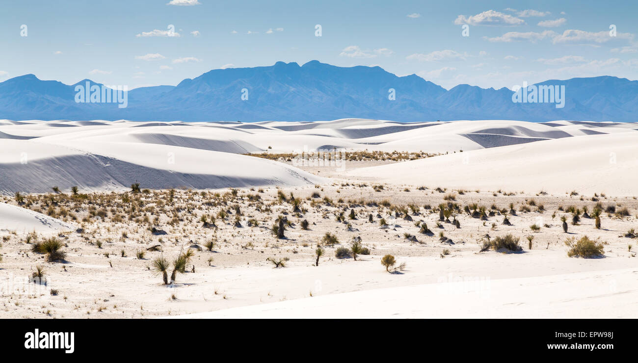 Dunes de sable du désert, montagnes, panorama derrière, White Sands National Monument, Alamogordo, New Mexico, USA Banque D'Images