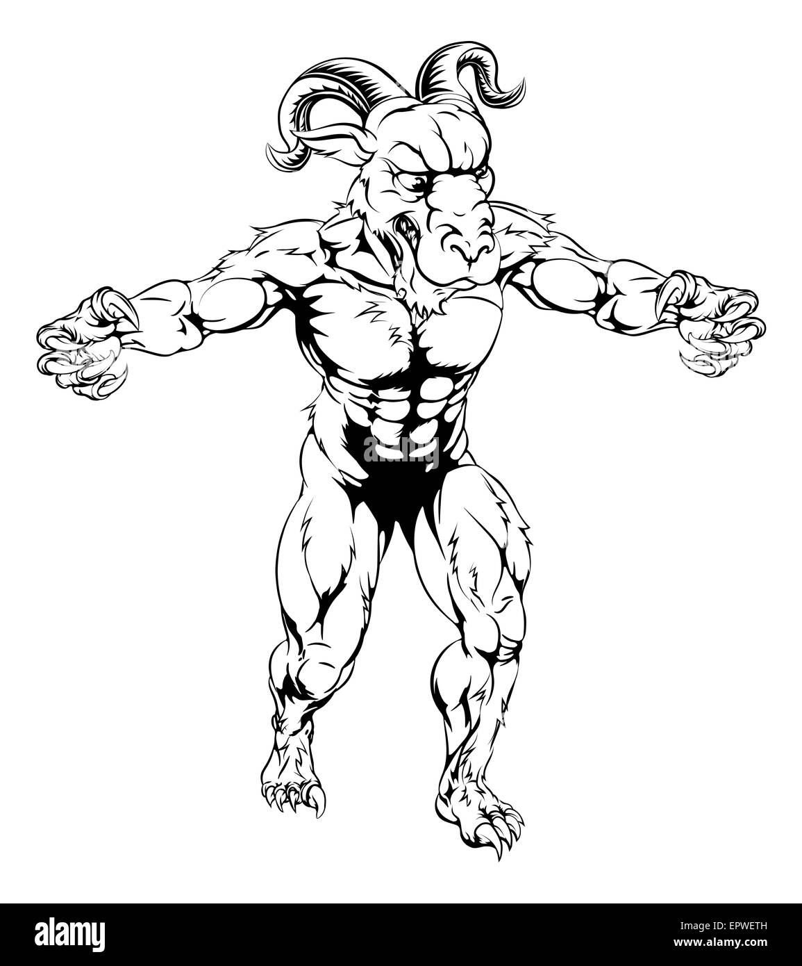 Sports Ram mascot character en noir et blanc l'article avec toutes griffes dehors Banque D'Images