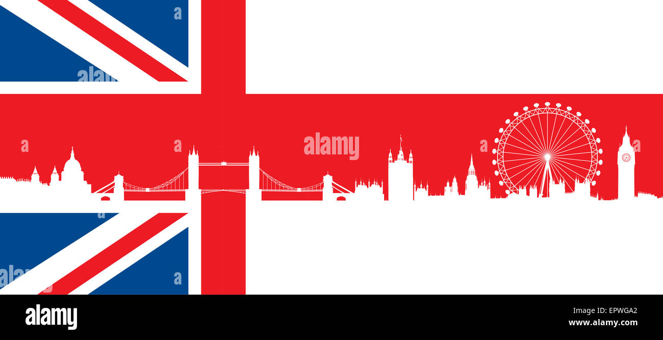 Drapeau britannique avec silhouette très détaillée des toits de Londres composition. L'ensemble de monuments de Londres. Composition d'arrière-plan Banque D'Images