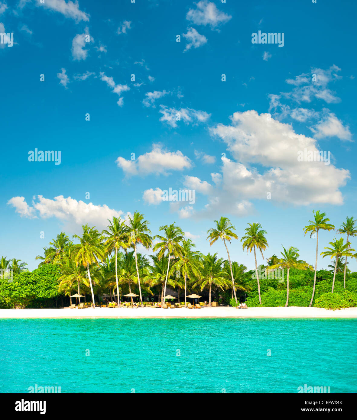 Plage de sable avec paysage nuageux ciel bleu. Île tropicale avec palmiers Banque D'Images