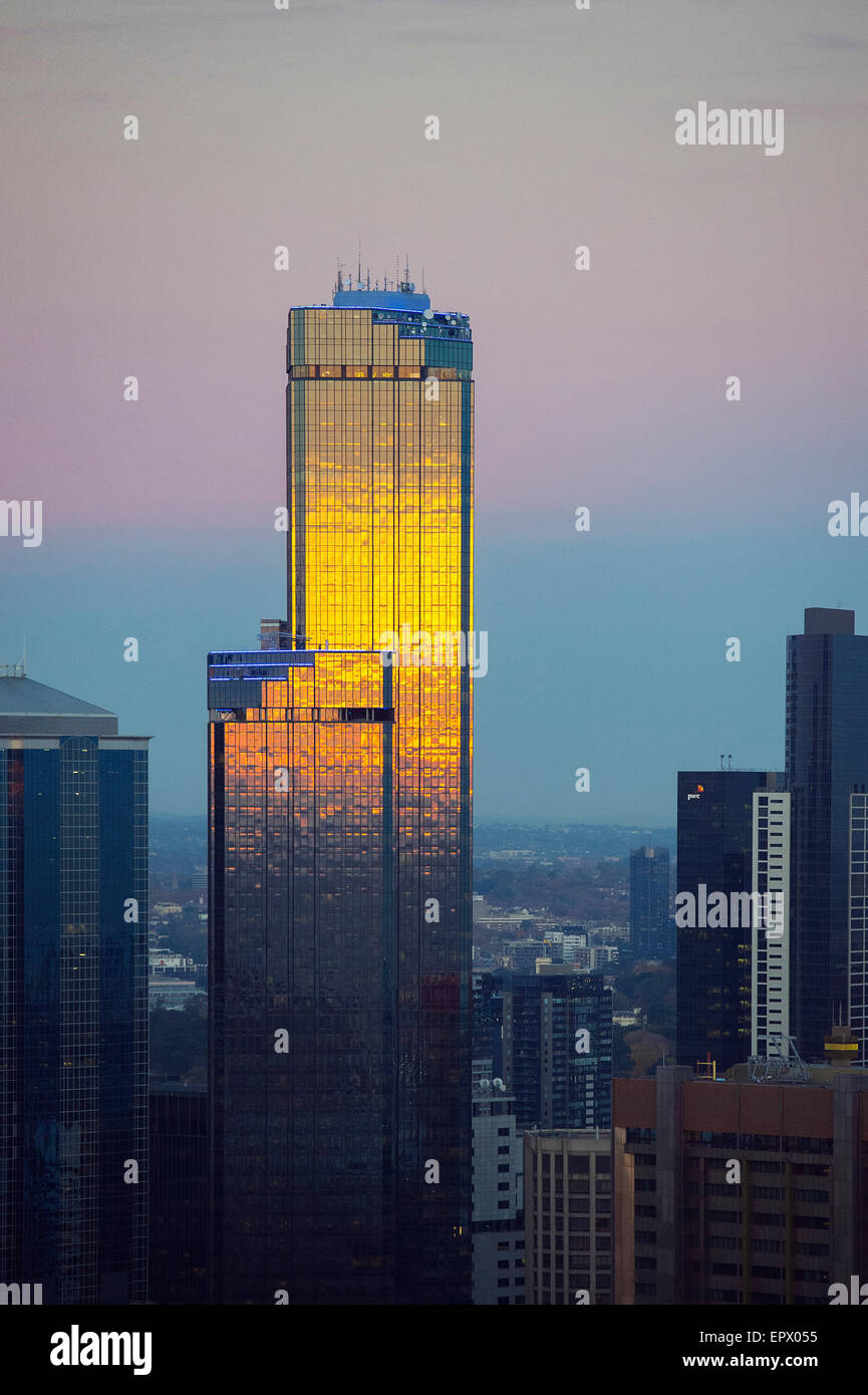 Eureka Tower Melbourne Rialto Tower et le coucher du soleil, de l'Australie Banque D'Images