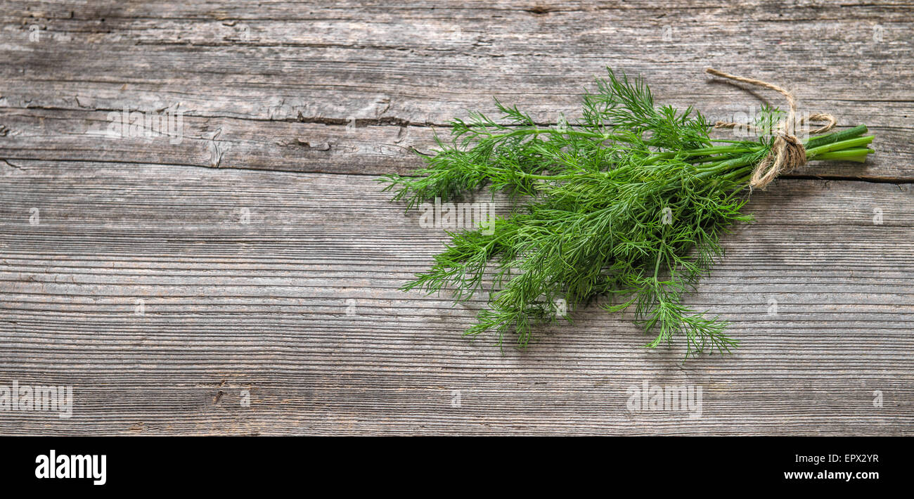 Offre groupée de dill herb sur fond de bois rustique. L'ingrédient alimentaire Banque D'Images