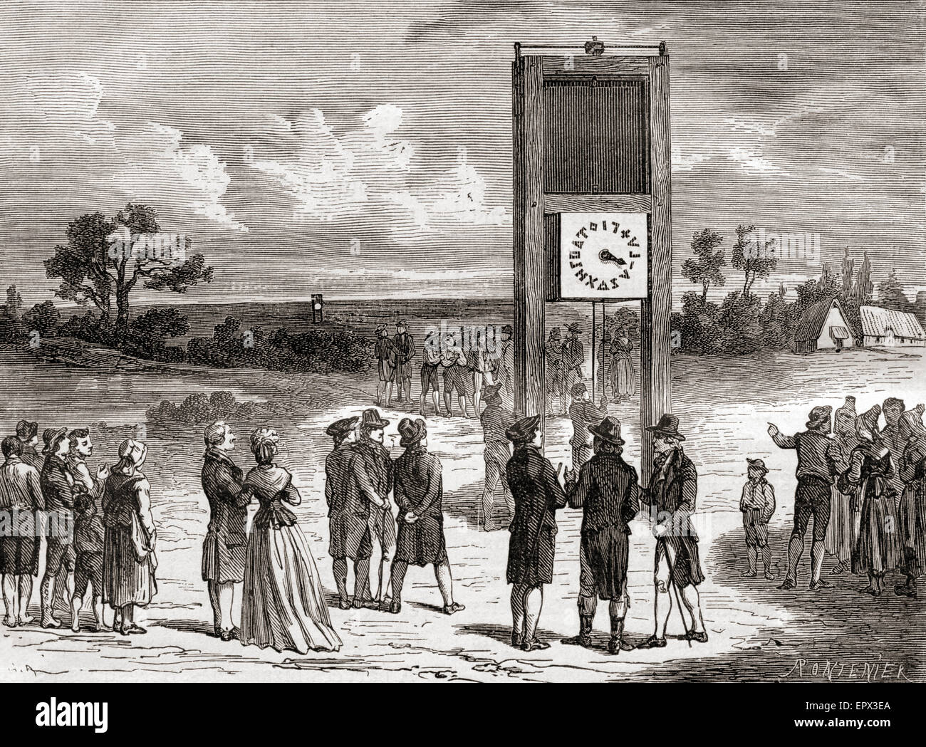 Claude Chappe, 1763 - 1805. Inventeur français, qu'on voit ici la démonstration de son premier système de télégraphie aérienne en 1791. Banque D'Images