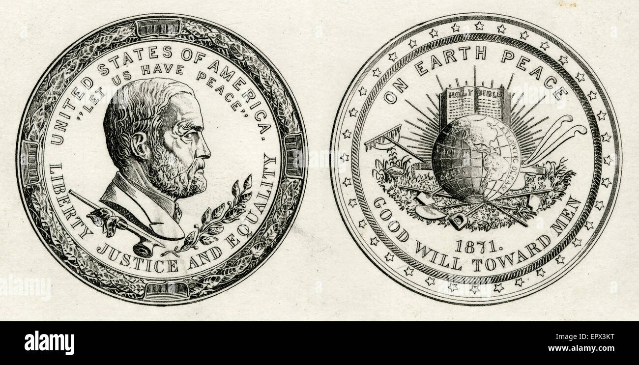 C Antique1871 gravure sur acier de l'Ulysses S. Grant, Médaille de la paix envers et l'endroit. Etats-unis d'Amérique du Nord, nous avons la paix, à la liberté de la Justice et de l'égalité, paix sur la terre, bonne volonté envers les hommes, 1871. Banque D'Images