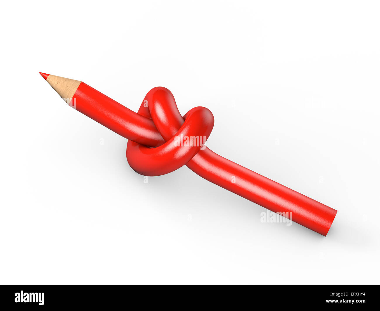Crayon attaché dans un noeud sur un fond blanc. 3d concept. Banque D'Images