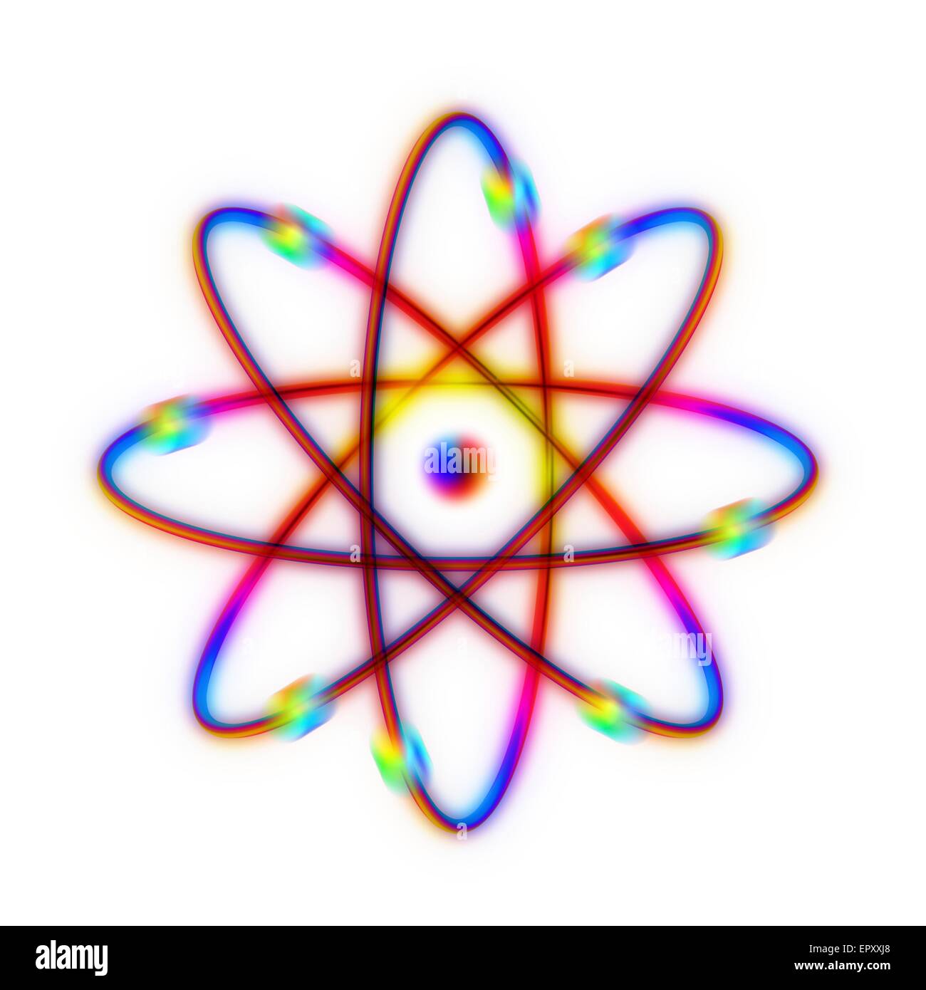 Structure atomique. Ordinateur conceptuel représentant la structure d'un atome. Huit électrons sont vus en orbite autour du noyau central le long des chemins. C'est un modèle de Bohr "schéma" d'un atome, les électrons sont pensé pour habiter les régions de probabi Banque D'Images