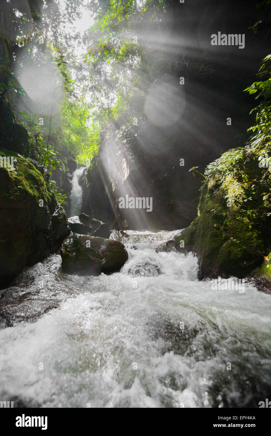 Rayons de lumière tombant sur le ruisseau et l'environnement en dessous de la cascade de Pendung Semurup près du village de Pendung Mudik à Air Hangat, Kerinci, Jambi. Banque D'Images