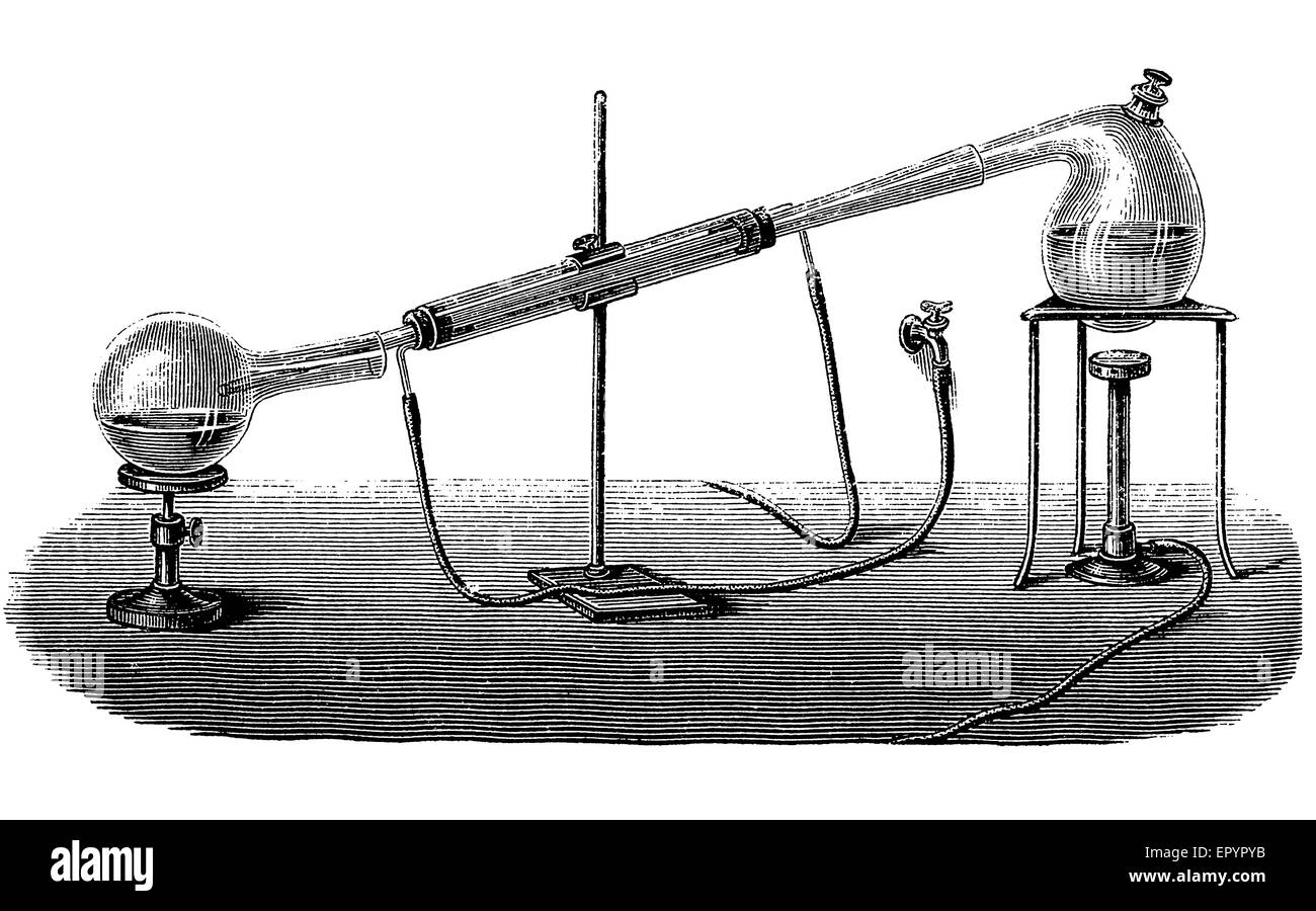 Gravure chimie vintage, l'équipement de laboratoire pour la distillation de l'eau Banque D'Images