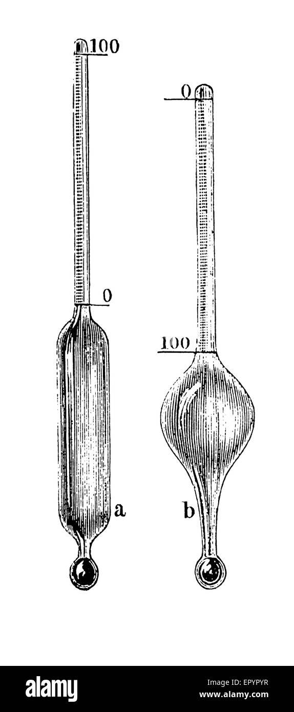La gravure, la chimie Vintage aréomètre est un instrument utilisé pour mesurer la densité relative de liquides, le rapport de la densité du liquide à la densité de l'eau Banque D'Images