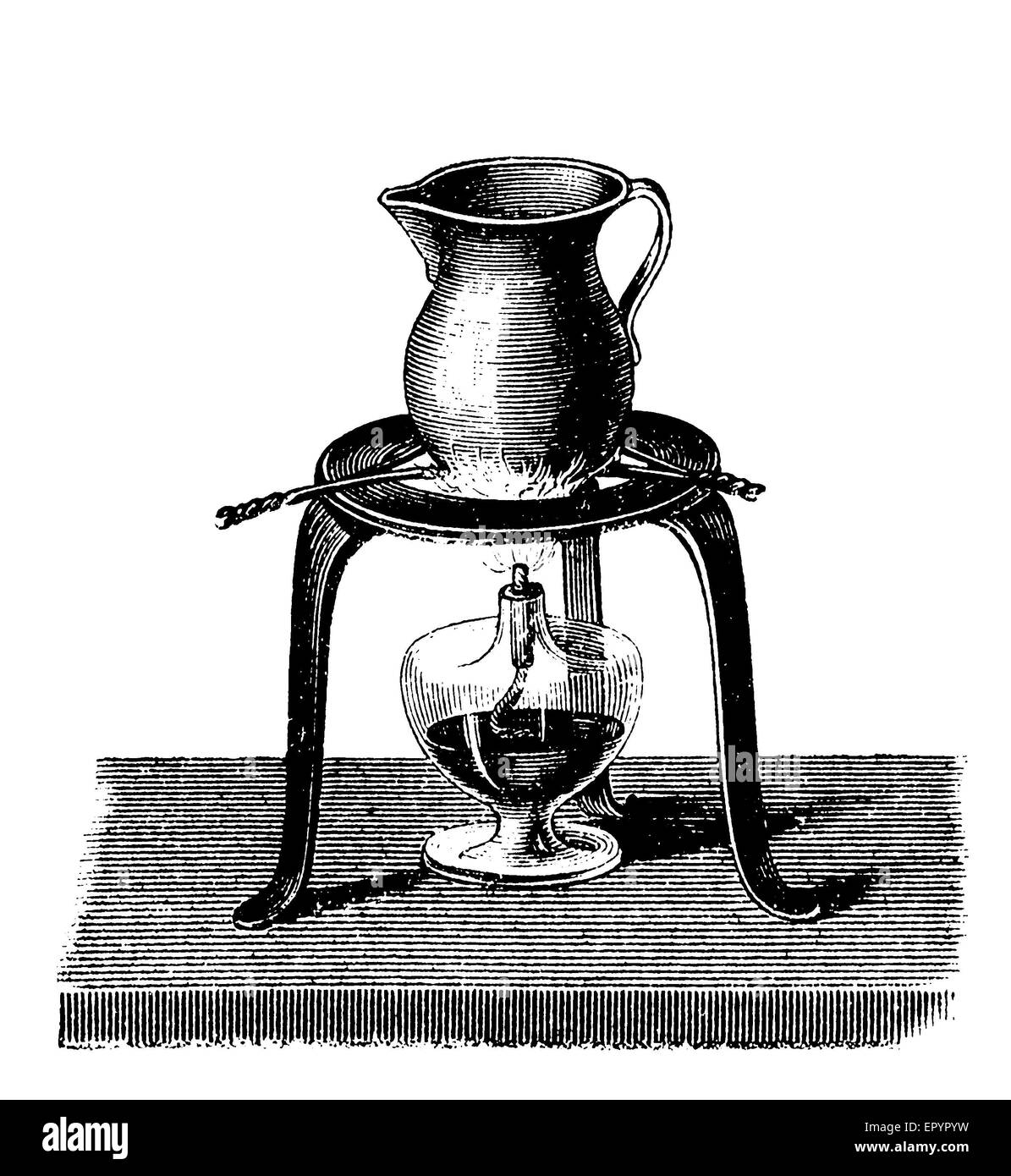 Gravure d'époque, la verseuse, contenant des cendres ou du sable et quelques matchs de friction, est chauffée avec une lampe à alcool. Lorsque les cendres' température atteint 65-70 degrés le phosphore des matches des brûlures. Banque D'Images