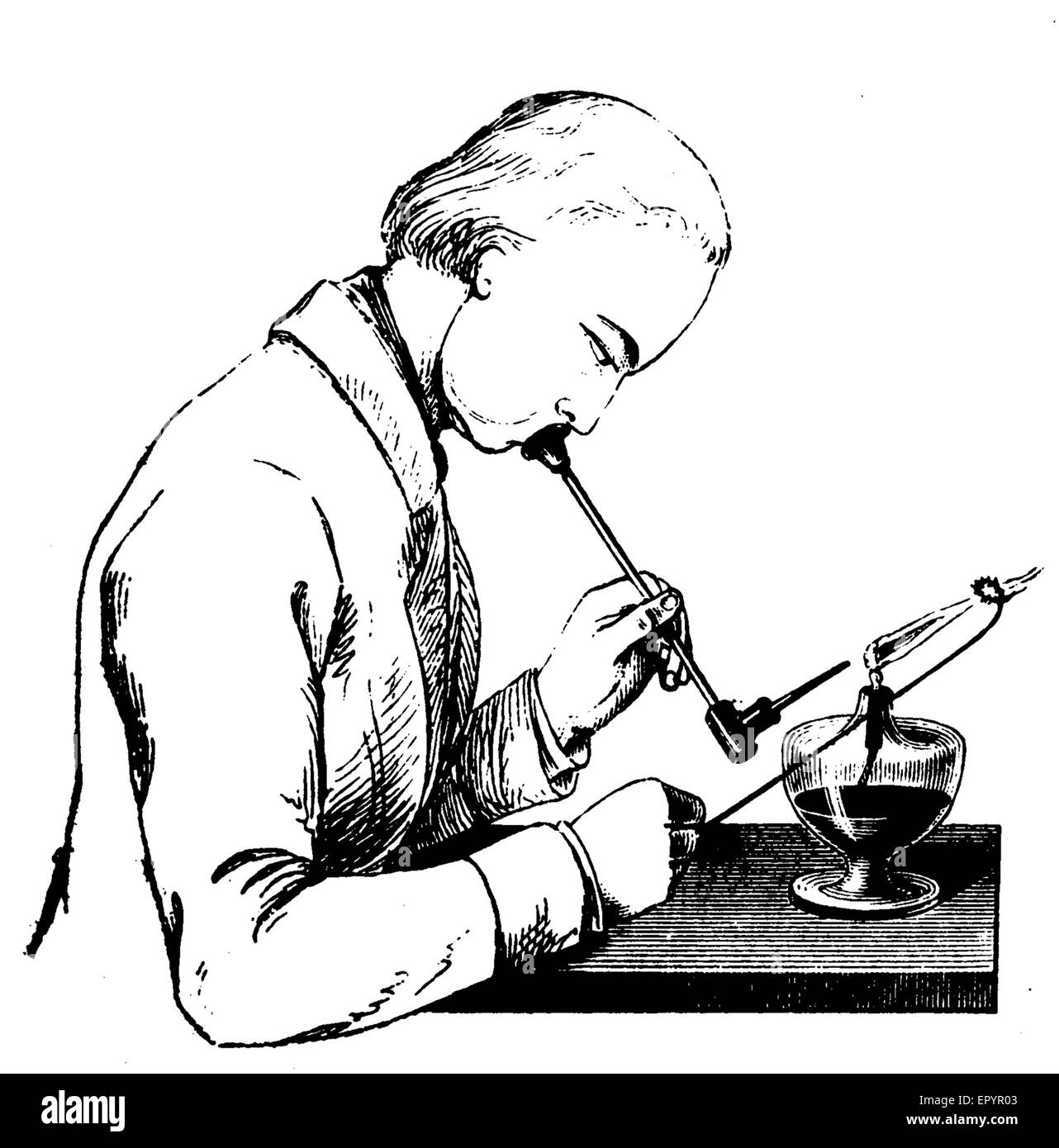 Vintage chimie, formation d'un bohric vitreux perles d'acide sur un anneau de platine. Banque D'Images