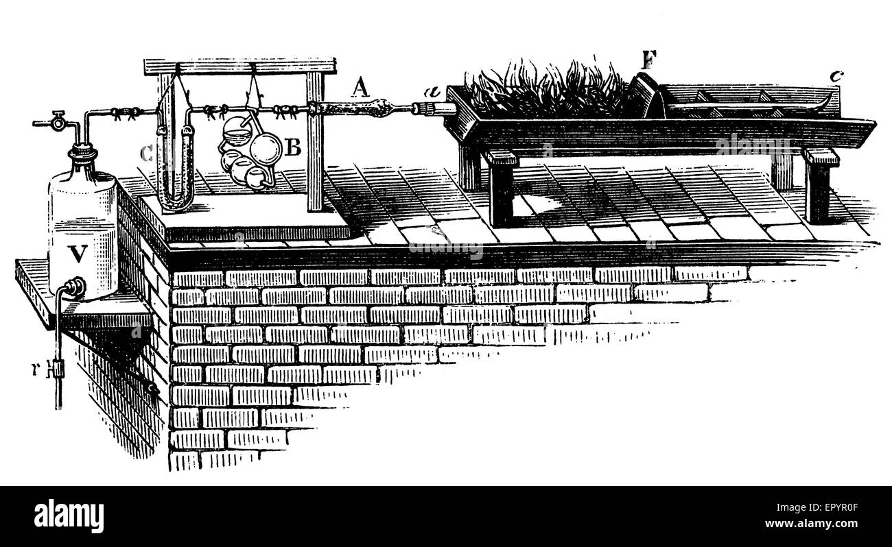 Laboratoire de chimie vintage, appareil pour mesurer la quantité d'eau et le dioxyde de carbone produit par la combustion de matières organiques Banque D'Images