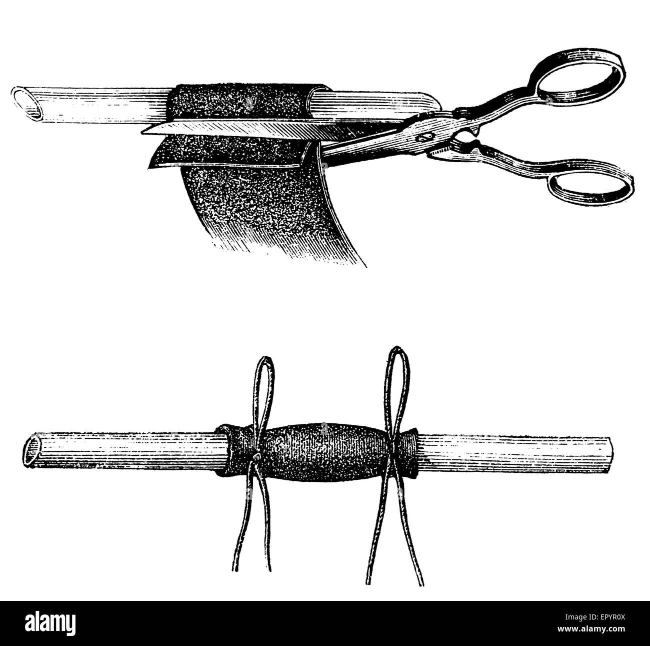 Vintage chimie, gravure - connexion de deux tuyaux de verre hermétiquement au moyen d'une feuille pré-chauffé de cautchouc (caoutchouc naturel) enroulé autour de leurs extrémités Banque D'Images