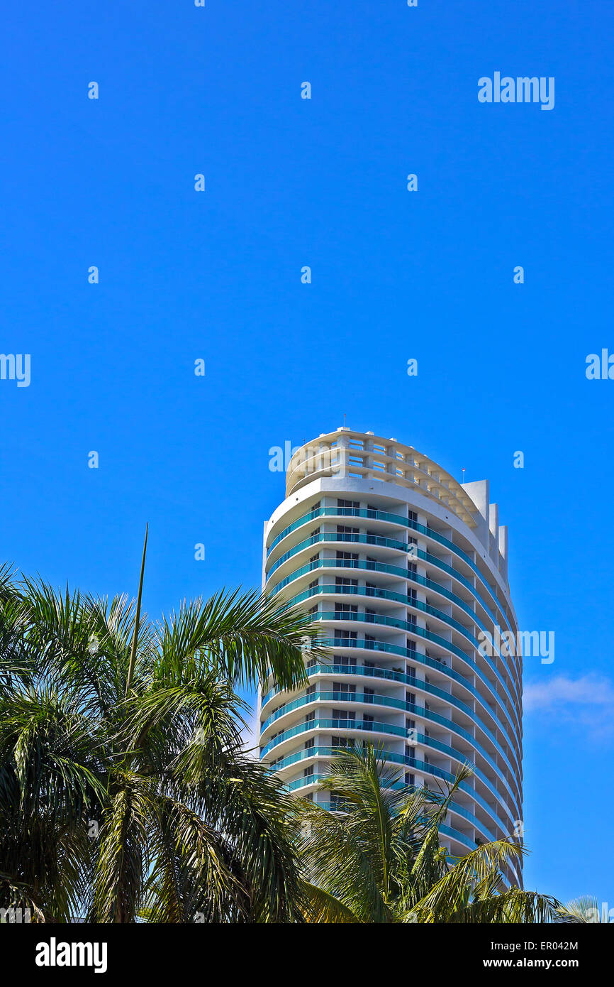 Gratte-ciel résidentiel et de palmiers contre ciel bleu. Banque D'Images