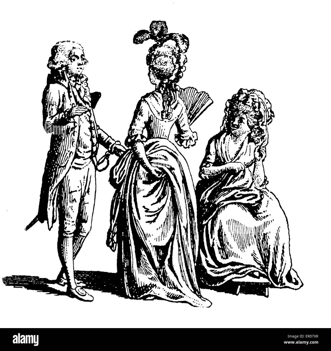 Gravure d'époque l'inscription les femmes et les hommes de mode au temps de la Révolution française Banque D'Images