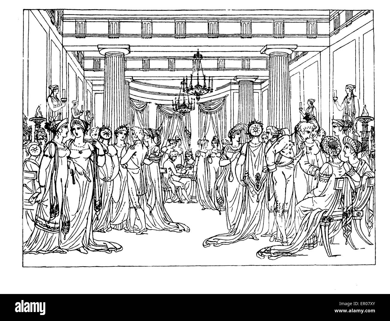 Début 1800, noir et blanc de style de dessin qui reproduit la classe supérieure costumes Banque D'Images