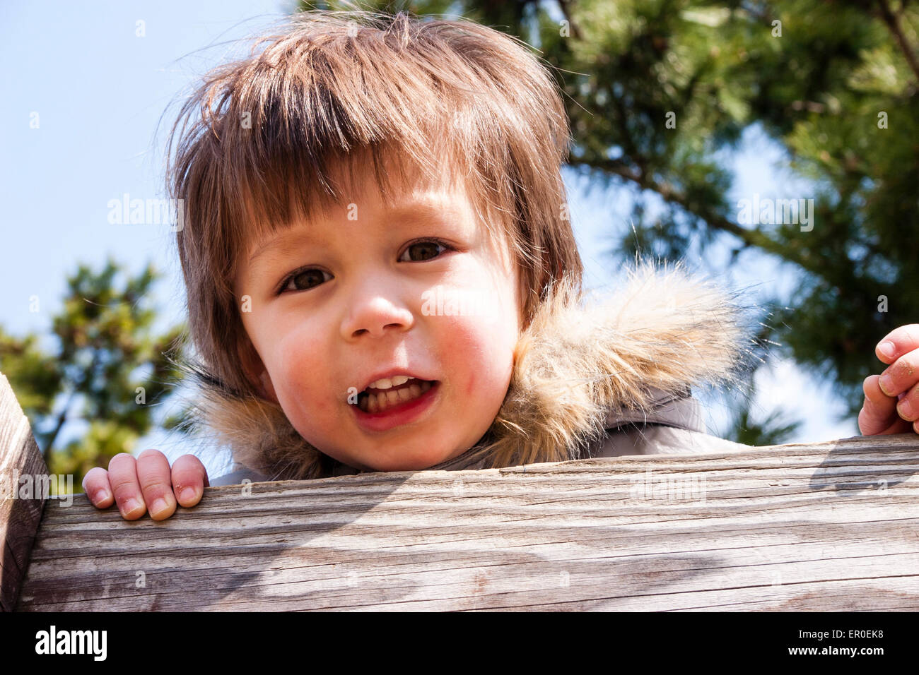 Une photo de tête et d'épaule d'un jeune enfant de 3-4 ans, avec des joues rouges, portant un manteau d'hiver avec un col en fourrure, regarde une clôture en bois au spectateur. Banque D'Images