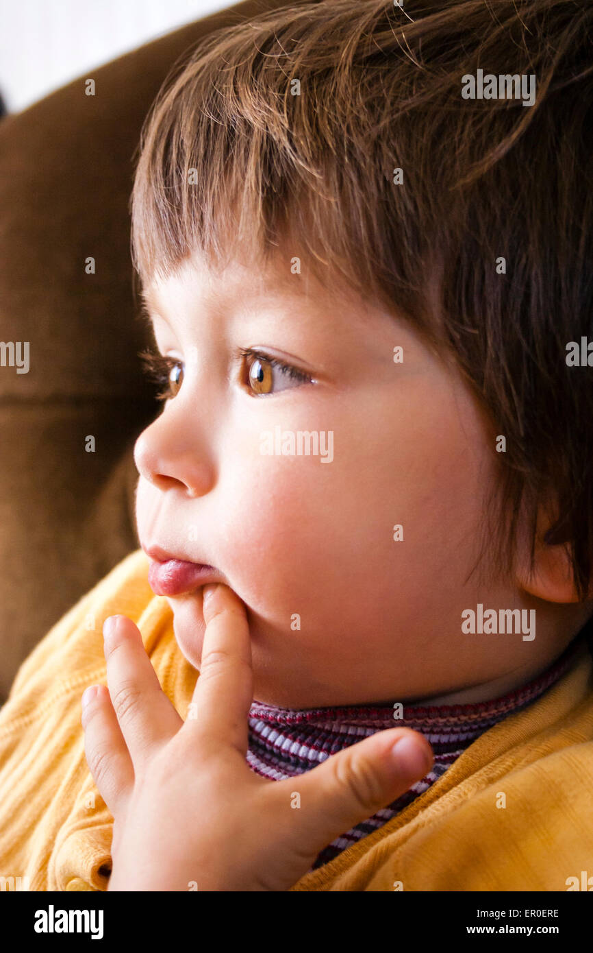 Vue latérale gros plan, tête et épaule, jeune enfant, garçon, 3-4 ans, assis sur un canapé marron et regardant droit devant avec une expression concentrée. Banque D'Images