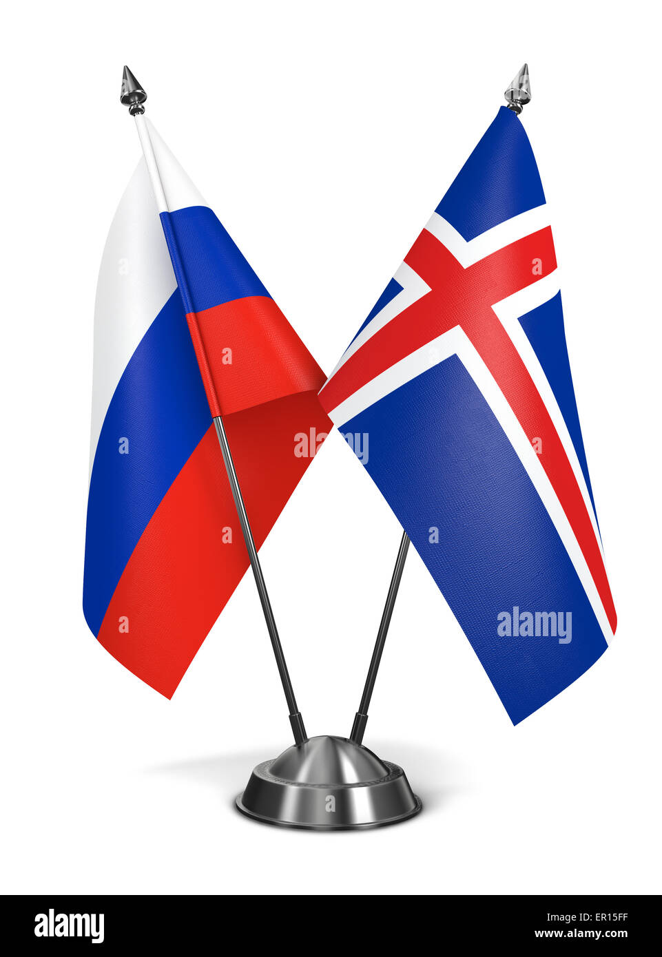 La Russie et l'Islande - drapeaux miniatures. Banque D'Images