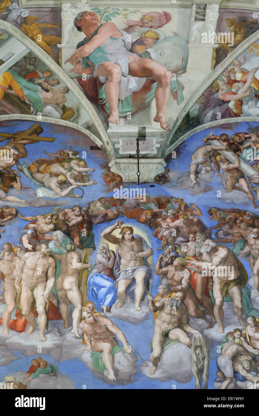Rome, Italie. Le Jugement Dernier (détail) 1536-1541, par Michelangelo Buonarroti (6 mars 1475 - 18 février 1564), Chapelle Sixtine Banque D'Images