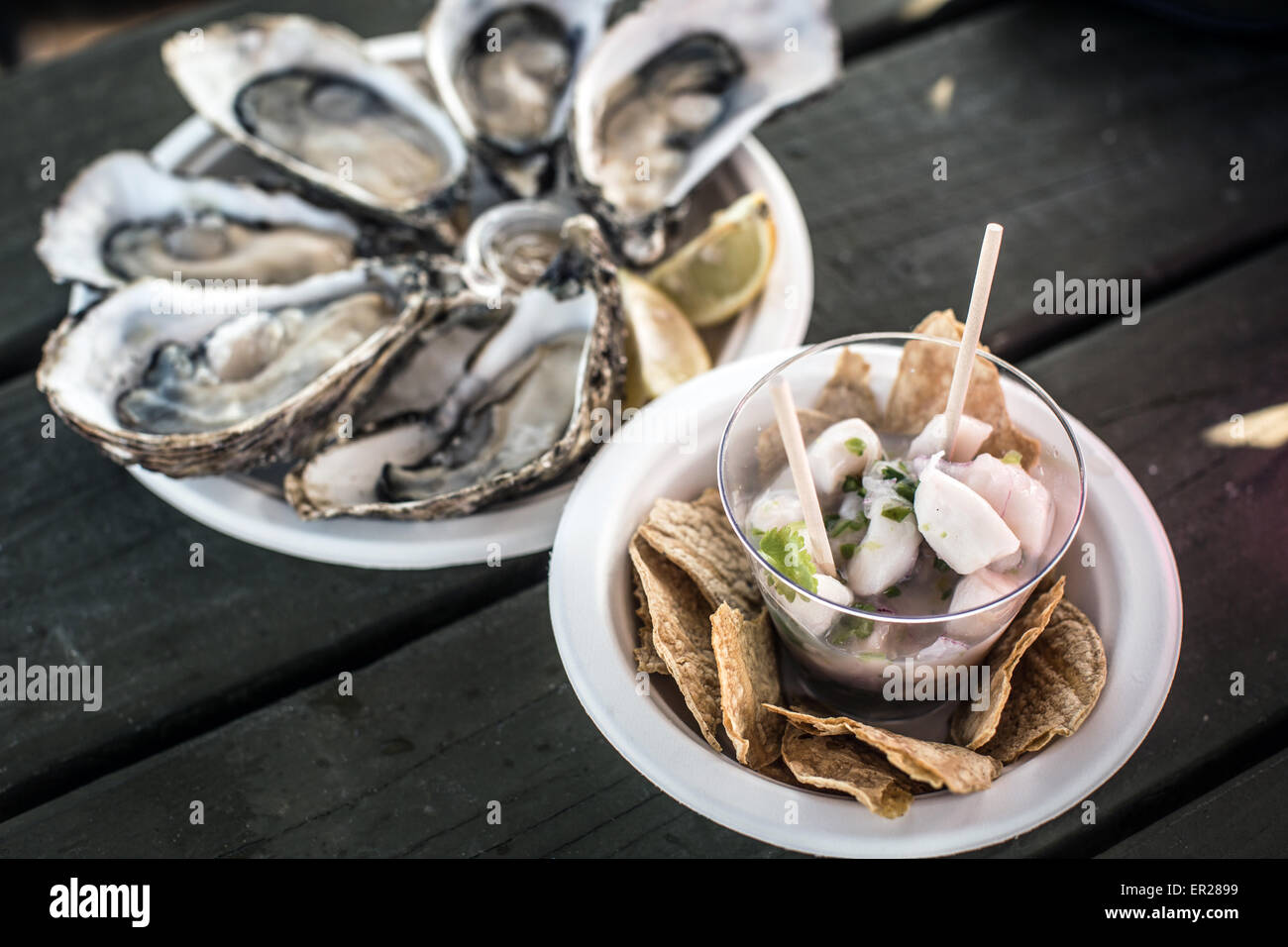 Le Jolly Oyster camion alimentaire au San Buenaventura State Beach à Ventura, Californie. Banque D'Images