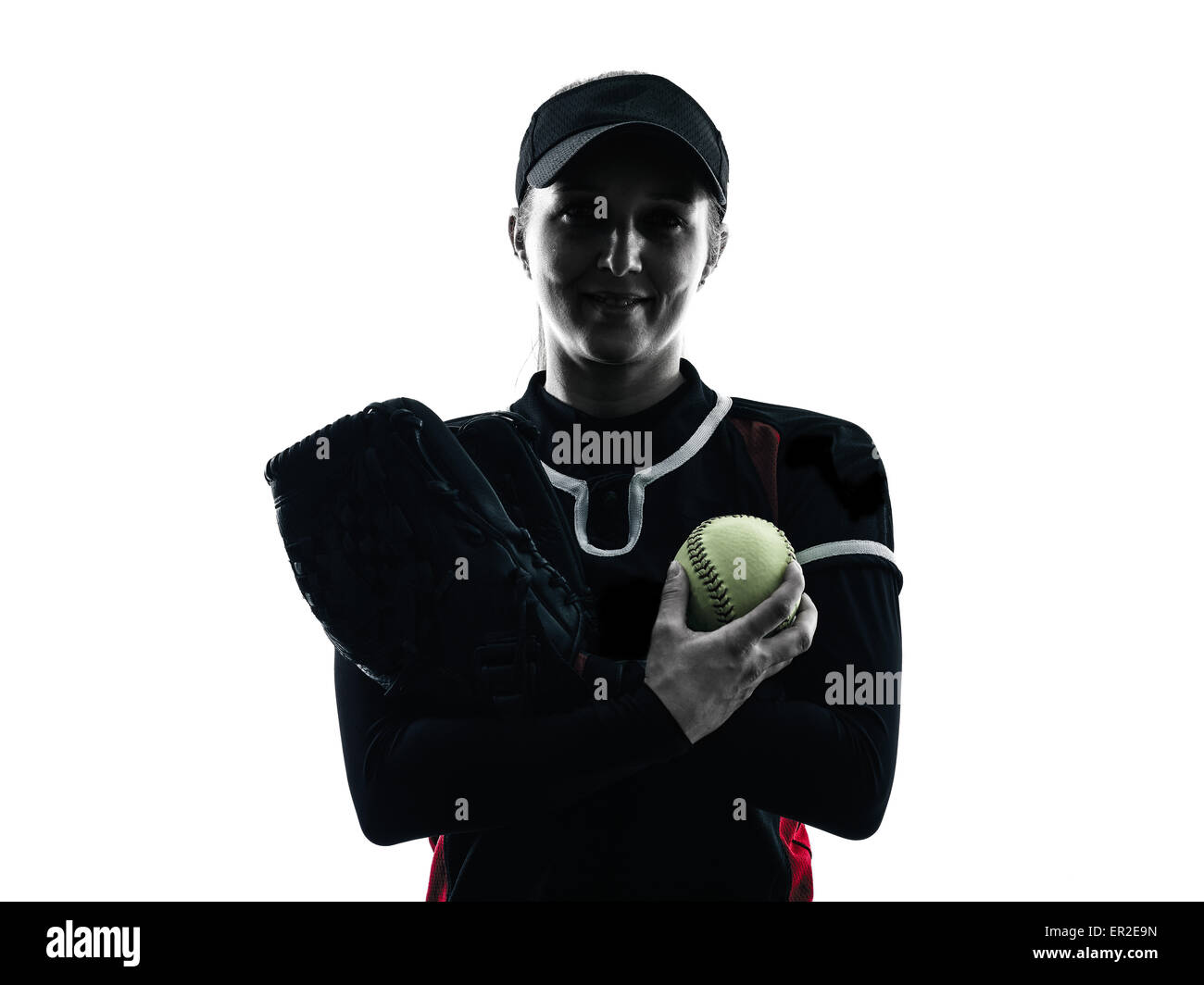 Une femme jouant les joueurs de softball en silhouette isolé sur fond blanc Banque D'Images